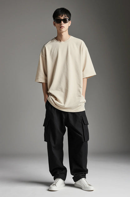 SAND BEIGE PREMIUM OVERSIZED TEE — DEVECI ESSENTIALS