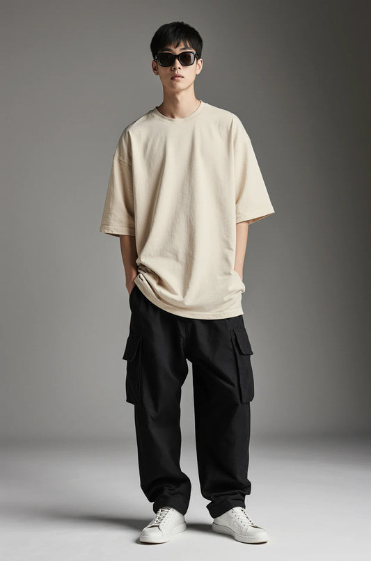 SAND BEIGE PREMIUM OVERSIZED TEE — DEVECI ESSENTIALS